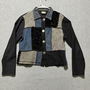 Iced Tea Patchwork Denim Velvet Boho Jacket Women's Medium Made in USA